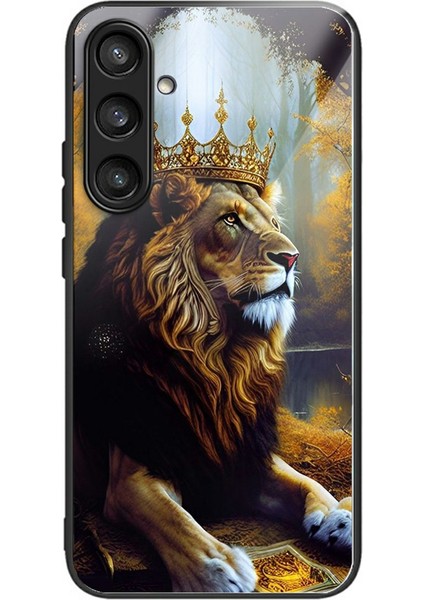 Samsung Galaxy S25+ Kılıf Temperli Cam Arka Kapak Desenli Baskı-Altın Aslan Taç (Yurt Dışından)