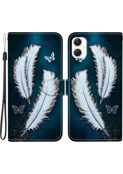 Samsung Galaxy A06 Kılıf Desen Baskı Anti-Drop Deri Flip Cüzdan Telefon Kılıfı Kordon-Beyaz Tüyü (Yurt Dışından)