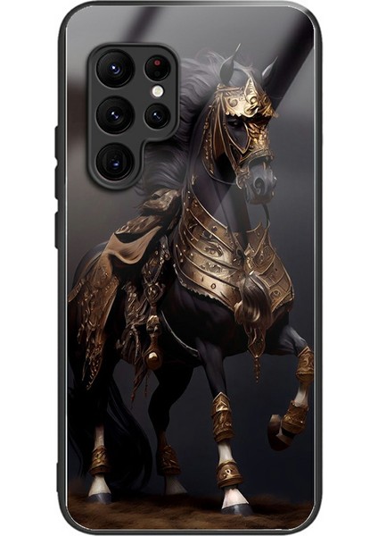 Samsung Galaxy S25 Ultra Kılıf Desen Baskılı Temperli Cam Arka Kapak-Altın At (Yurt Dışından)