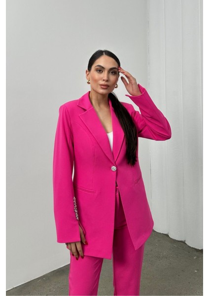 Kadın Ikili Takım Taş Detaylı Boru Paça Blazer Ceket Pantolon Takım