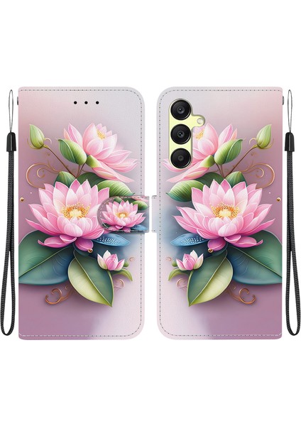 Samsung Galaxy A25 5g (Global) (161.0 x 76.5 x 8.3mm) Kılıf Desen Baskılı Deri Cüzdan Telefon Kılıfı - Kordonlu-Lotus (Yurt Dışından)