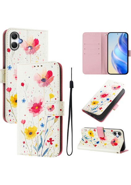 Samsung Galaxy A06 Kılıf Desen Baskılı Cüzdan Telefon Kılıfı Askılı-Çiçekli (Yurt Dışından)