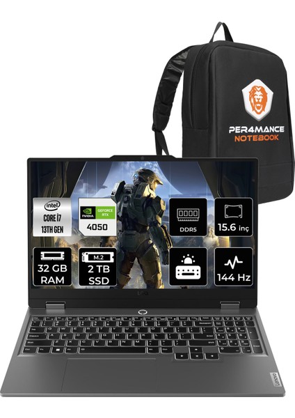 Loq Intel Core I7 13650HX 32GB 2tb SSD RTX4050/6GB 105W 15.6" Fhd 144Hz Fdos Taşınabilir Bilgisayar & Per4 Çanta 83DV0117TRP319
