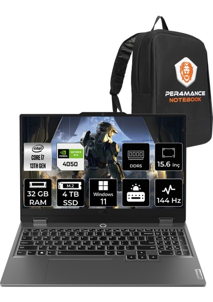 Loq Intel Core I7 13650HX 32GB 4tb SSD RTX4050/6GB 105W 15.6" Fhd 144HzWindows 11 Pro Taşınabilir Bilgisayar & Per4 Çanta 83DV0117TRP400