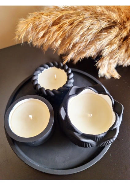 Mat Siyah Renk 4'lü Set (16 cm Sunum Tepsisi ve 3 Mum)