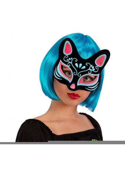 Siyah Renk Süet Kaplama Üzeri Mavi Kırmızı Simli Kedi Maskesi 17X14 cm fiyatları