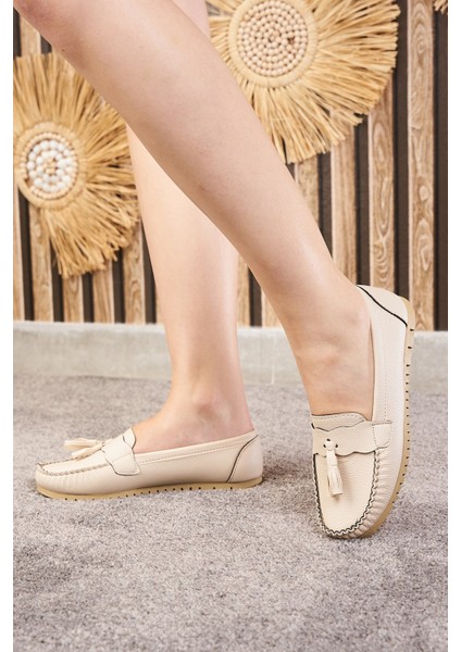 Günlük Kadın Babet Püskül ve Dikiş Detaylı Suni Deri Rahat Hafif Alçak Topuklu Ayakkabı 04 fiyatları