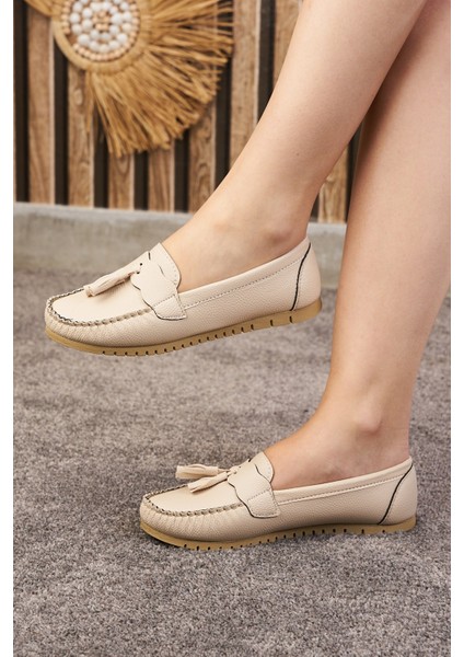 Günlük Kadın Babet Püskül ve Dikiş Detaylı Suni Deri Rahat Hafif Alçak Topuklu Ayakkabı 04 modelleri