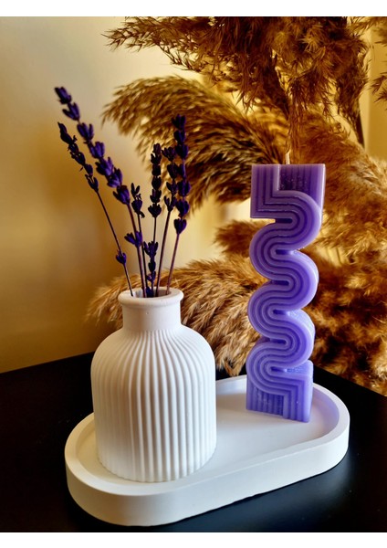 Mor Sütun Mum ve Vazolu Set (3 Parça Set)
