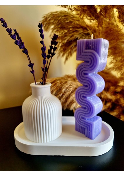 Mor Sütun Mum ve Vazolu Set (3 Parça Set)