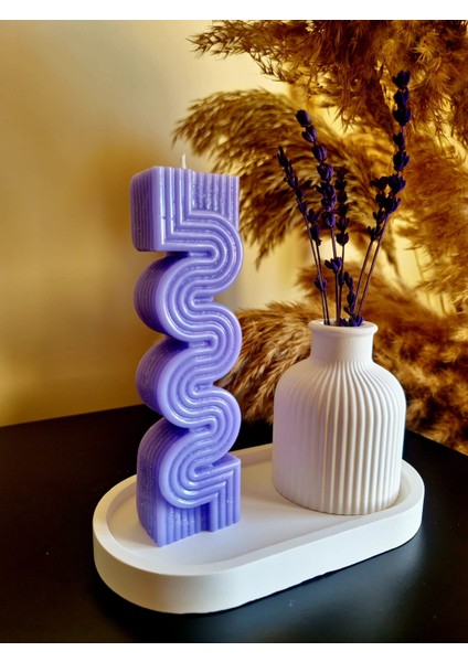 Mor Sütun Mum ve Vazolu Set (3 Parça Set)