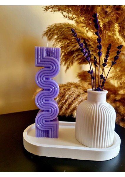 Mor Sütun Mum ve Vazolu Set (3 Parça Set)