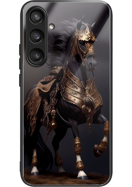 Samsung Galaxy S25 Kılıf Temperli Cam Arka Kapak Desen Baskılı-Altın At (Yurt Dışından)