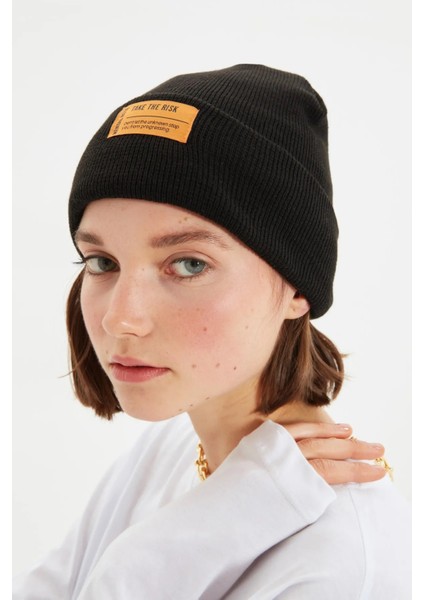 JTAW23ÖBR1121 Siyah Ünisex Etiket Detaylı Örme Bere Janti