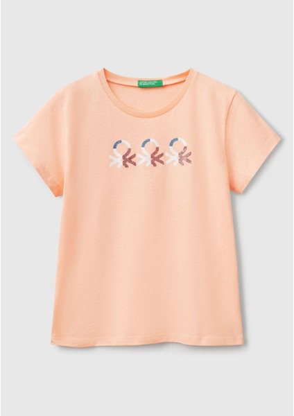 Kız Çocuk Yavruağzı Simli Logo Baskılı T-Shirt