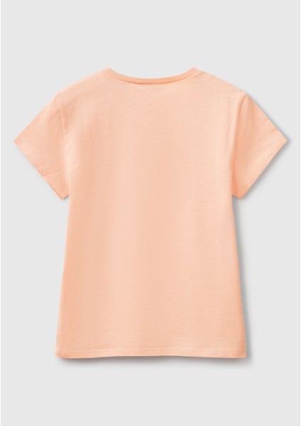 Kız Çocuk Yavruağzı Simli Logo Baskılı T-Shirt fiyatları