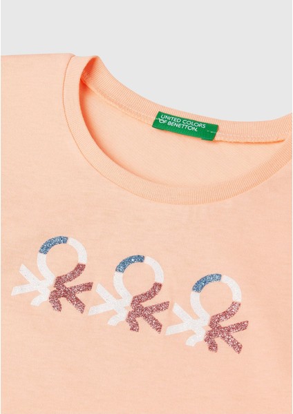 Kız Çocuk Yavruağzı Simli Logo Baskılı T-Shirt modelleri