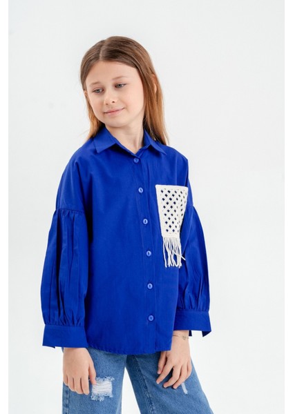 Büzgülü Kol Cep Detaylı Kız Çocuk Gömlek 3116
