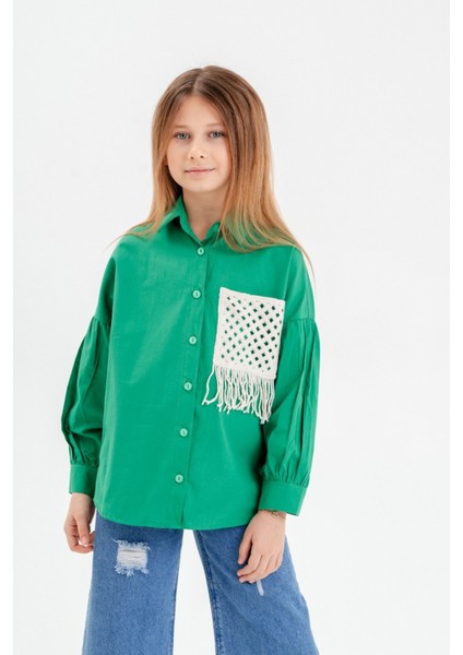Büzgülü Kol Cep Detaylı Kız Çocuk Gömlek 3116