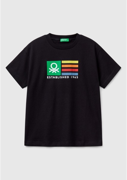 Erkek Çocuk Siyah Benetton Logo Baskılı T-Shirt