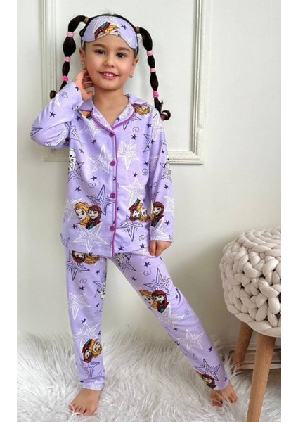 Pjkö Frouzen Elsa Desenli Lila Uzun Kollu Önden Düğmeli Kız Çocuk Pijama Takımı 4-12 Yaş 535U