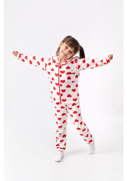 Kız Çocuk Kalp Desenli Pamuklu Pijama Takımı Önden Düğmeli Uzun Kollu Kışlık ve Yazlık Pijama Eşofman Rahat ve Şirin Uyku Giyimi Ev Giyim