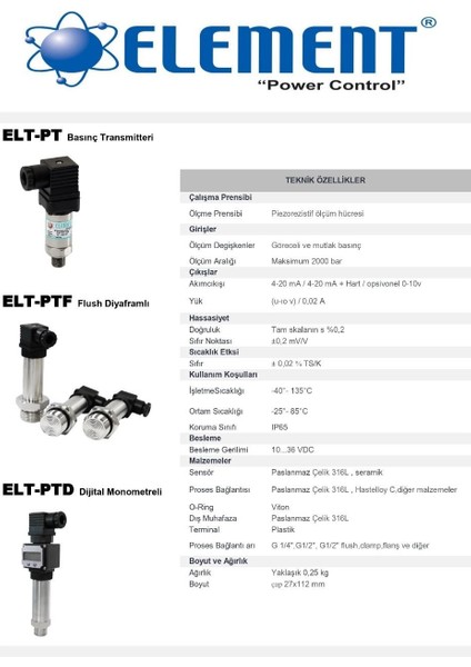 Element Elt-Pt 0-16 Bar Basınç Transmitteri (Seramik) G 1/4''