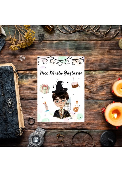 Harry Potter Çizimli Doğum Günü 5 Adettebrik Kartı ve Zarflı