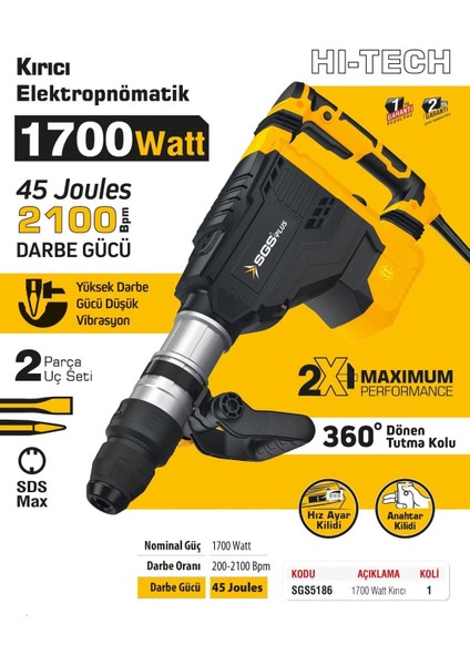 SGS5186 - 11 kg Elektropnomatik Kırıcı Hilti Sds Max 1700 Watt 45 Joules fiyatları