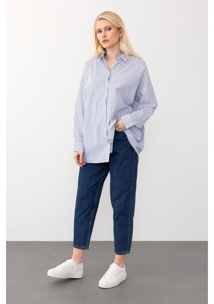 Oversize Basic Gömlek Mavi-Beyaz 9281