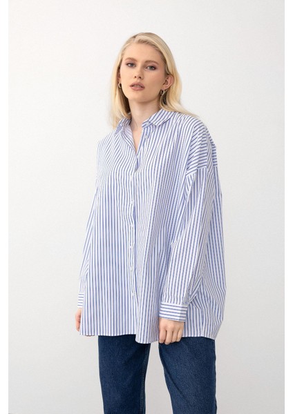 Oversize Basic Gömlek Mavi-Beyaz 9281