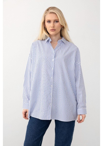 Oversize Basic Gömlek Mavi-Beyaz 9281