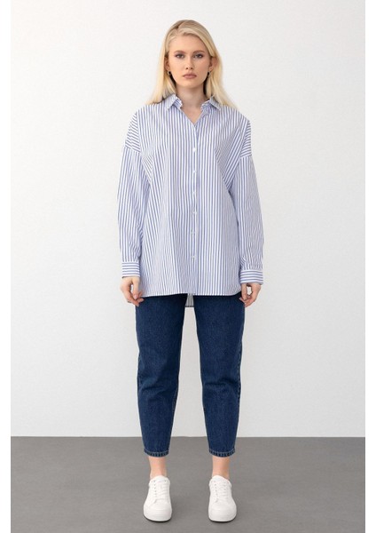 Oversize Basic Gömlek Mavi-Beyaz 9281