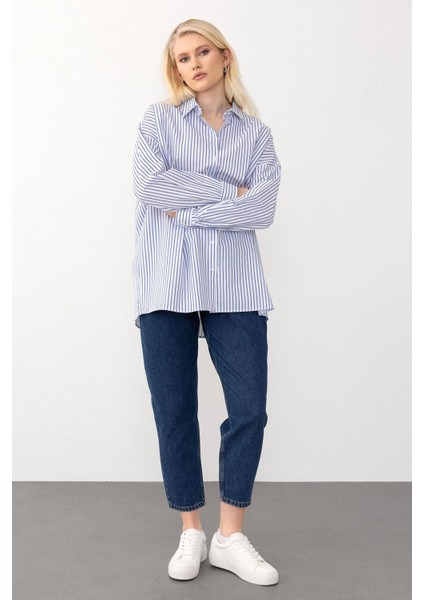 Oversize Basic Gömlek Mavi-Beyaz 9281 fırsatları