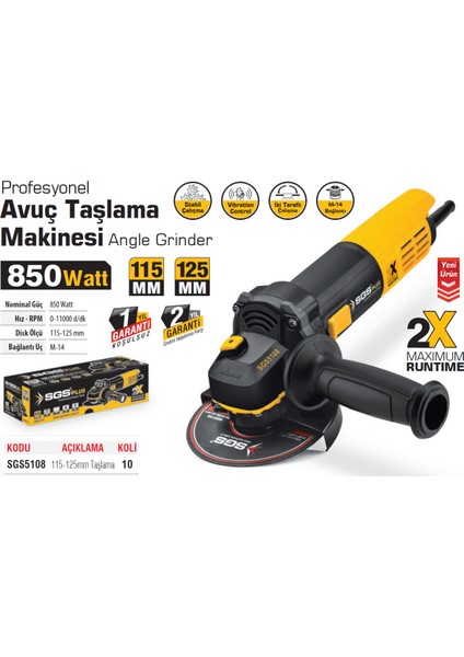 SGS5108 Profesyonel 115 - 125MM Avuç Taşlama Makinesi 850 Watt fiyatları