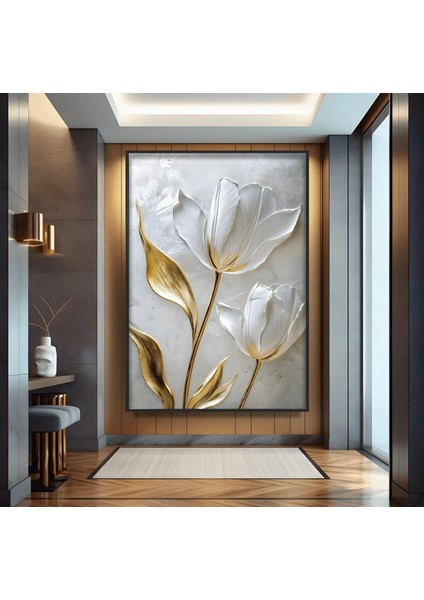Metal Çerçeveli Beyaz Laleler Cam Tablo
