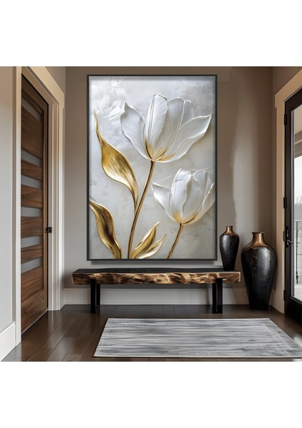 Metal Çerçeveli Beyaz Laleler Cam Tablo fiyatları