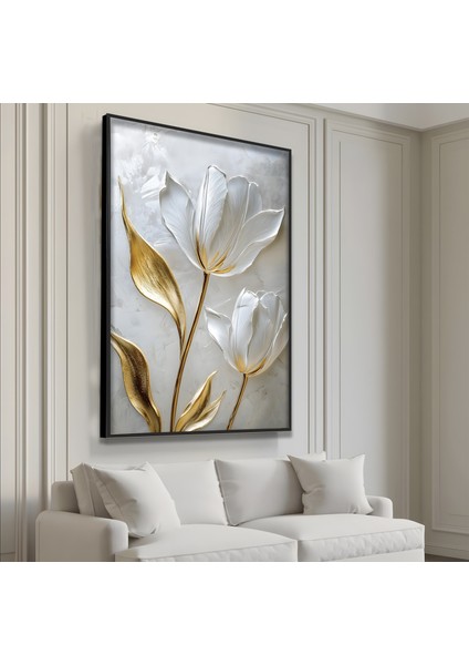 Metal Çerçeveli Beyaz Laleler Cam Tablo modelleri
