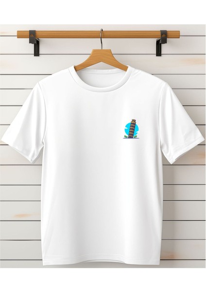 Pisa Kulesi Baskılı Bisiklet Yaka T-Shirt-Göğüs Detaylı Tişört