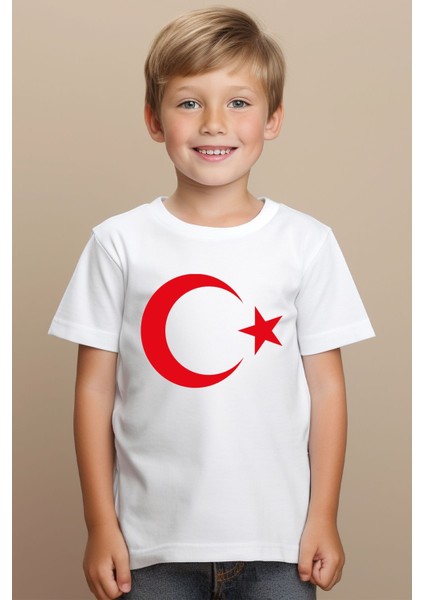 Ay Yıldızlı Beyaz Çocuk Tişört (23 Nisan Gösterileri Için Uygundur)-Çoklu Alım Için Mesaj Atınız