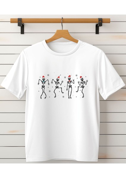 Yeni Yıl,new Year, Cheristmas Iskelet Baskı Detaylı Bisiklet Yaka Beyaz T-Shirt
