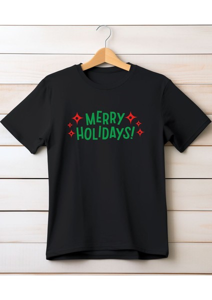 Yılbaşı,yeni Yıl Merry Holiday Baskılı Bisiklet Yaka T-Shirt