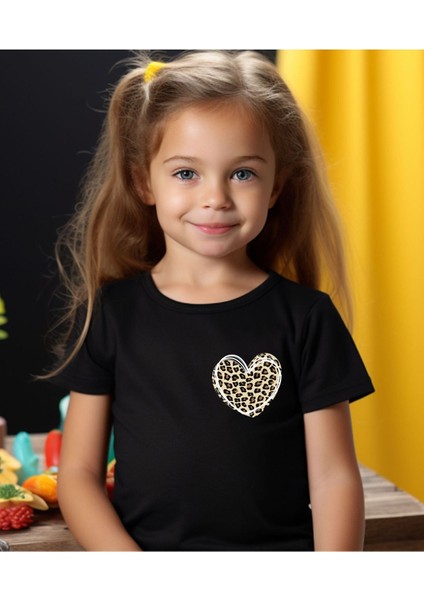 Kız Cocuk Leopar Kalp Baskılı T-Shirt