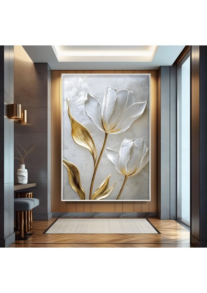 Metal Çerçeveli Beyaz Laleler Cam Tablo