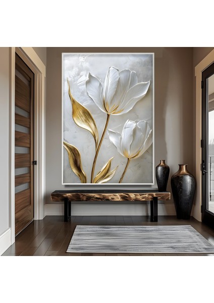 Metal Çerçeveli Beyaz Laleler Cam Tablo fiyatları