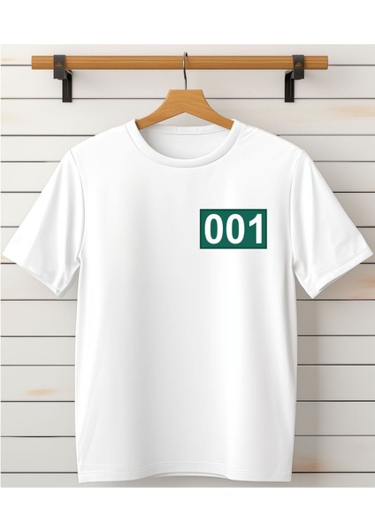 Squid Game NO:001 Baskılı Bisiklet Yaka Beyaz Tişört/t-Shirt- (Tek Adet Fiyatıdır)