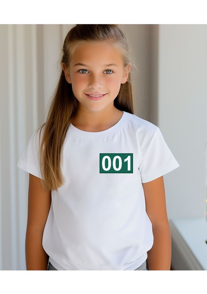 Squid Game NO:001 Baskılı Bisiklet Yaka Beyaz Tişört/t-Shirt- (Tek Adet Fiyatıdır)