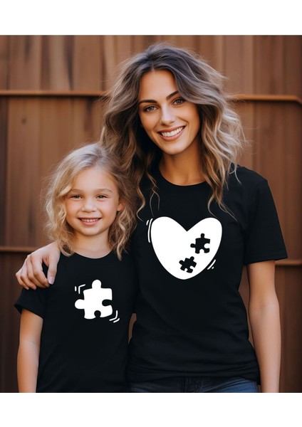 Aile Kombin Tişört- Anne Kız Puzzle Kalp Baskılı Bisiklet Yaka Tişört/t-Shirt (Tek Adet Fiyatıdır.)