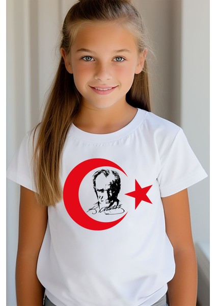 Atatürk ve Ayyıldız Baskılı Beyaz Çocuk Tişört Cumhuriyetimizin 101. Yılı 29 Ekim Beyaz Tişört-Stk6