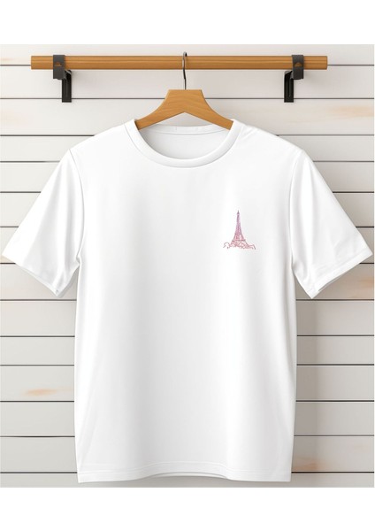 Eyfel Kulesi Baskılı Bisiklet Yaka T-Shirt-Göğüs Detaylı Tişört